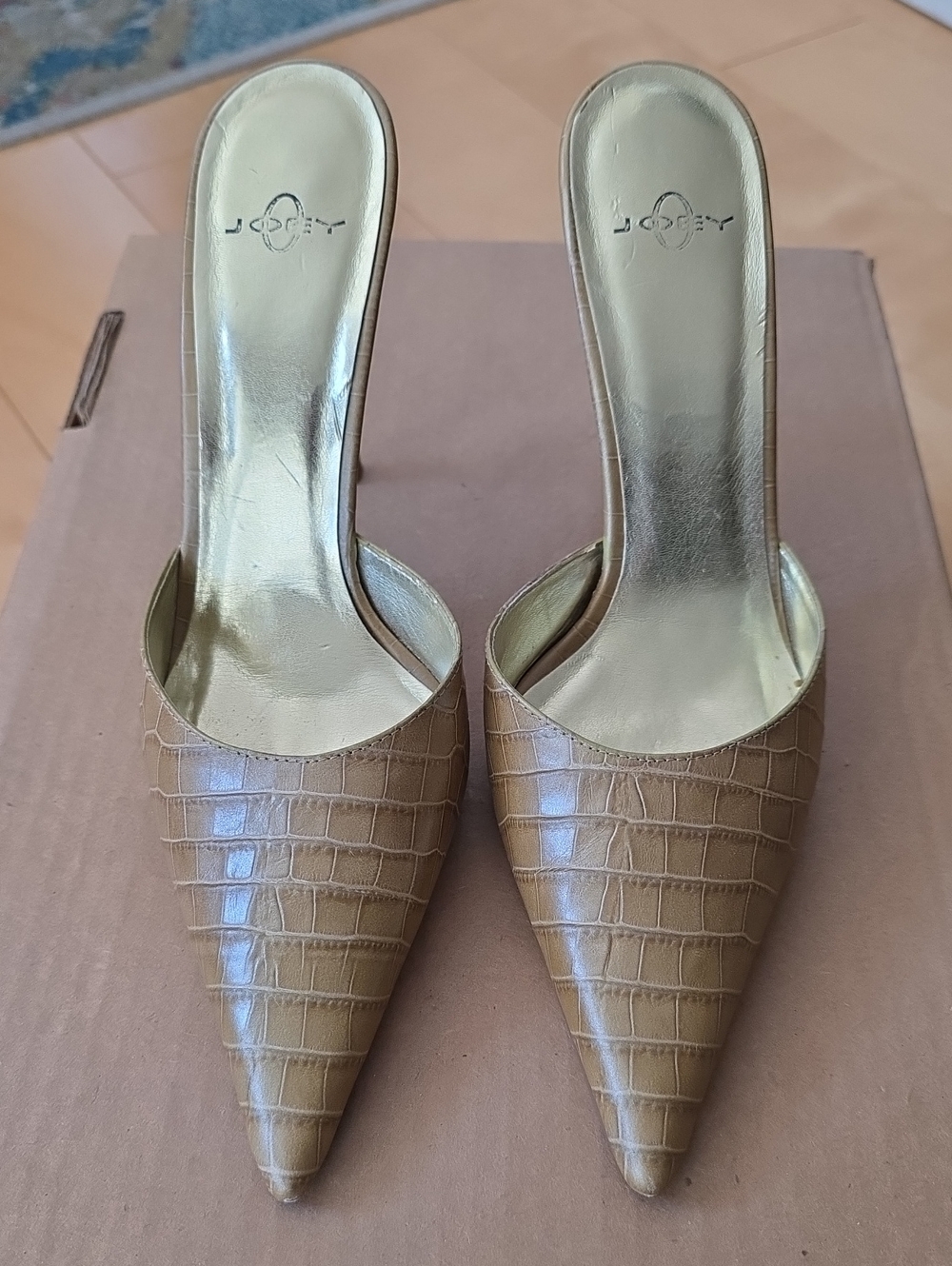 Light Mustard/Tan Croc-Embossed Pointed-Toe Mule Heels